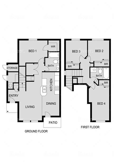 Floor plan for 4 beds, 2 baths, 1358 sqft